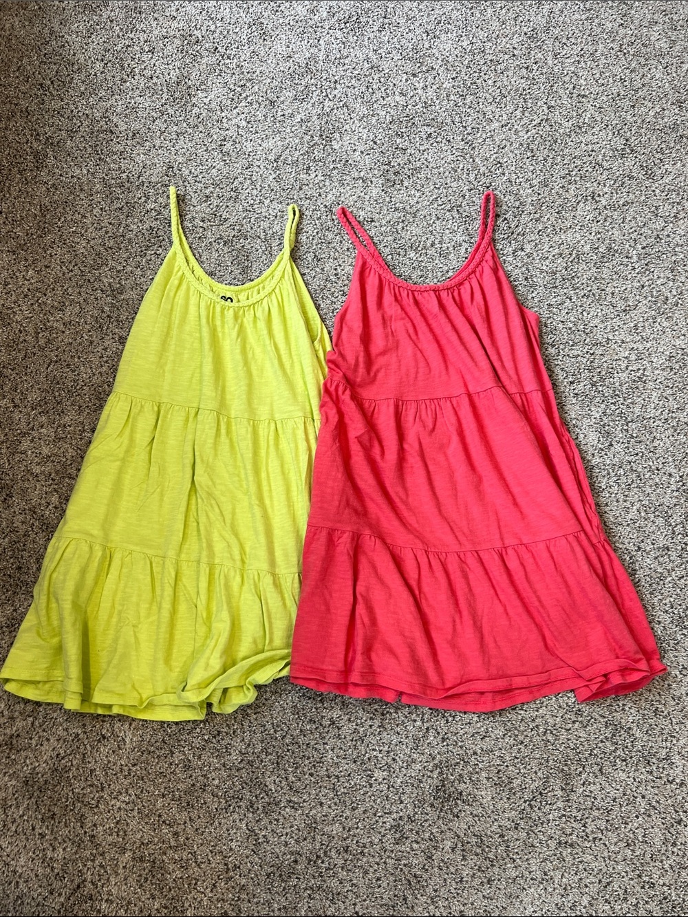 SO Girls Tiered Camisole Dresses - Neon Yellow & Coral Pink